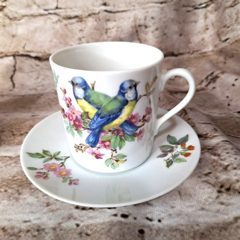 Pair of‎ Vintage Discontinued 80's Mottahedeh 8502 Aviary Pattern Cups & Saucers